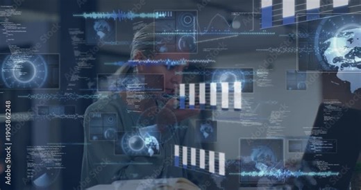 Woman dictating into phone while typing on laptop in office, building chart holograms for analysis