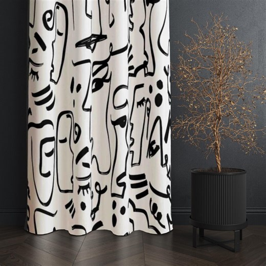 Abstract Face Window Valance, Black White Boho (custom Sizes Available) - Etsy