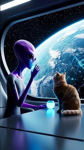 Cat and alien share glowing drinks, gazing at far-future Earth through vast orbit window.