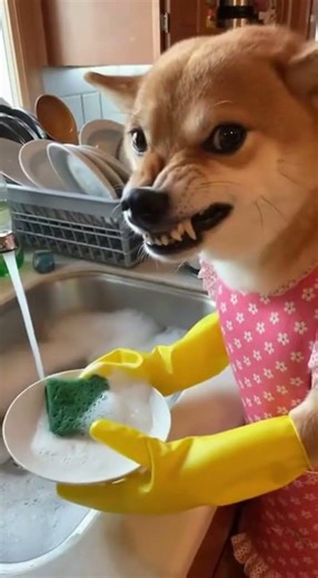 Funny dog washing the dishes ￼