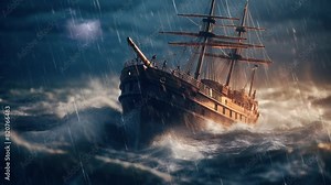 AI-generated looping animation of a huge ship in a stormy sea