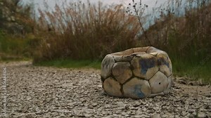 Damaged football left behind. Deflated old soccer ball lying on the ground in nature