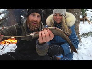 WINTER SURVIVAL CHALLENGE, Primitive Shelter, Axe, Line, Hooks, Bowdrill | ASMR (Silent)