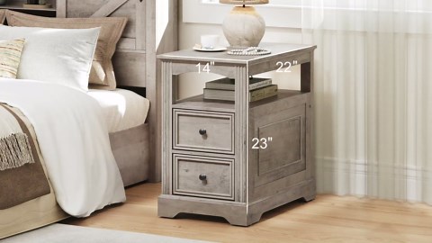 Farmhouse End Table with 2 Drawers, Narrow Sofa Side Table with Storage and Open Shelf, Wooden Nightstand for Small Spaces, Bedroom, Living Room, Greige