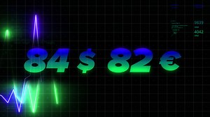 A bright graph . Motion . Bright neon animated graphics on which the falling exchange rate of foreign currencies is shown in numbers.