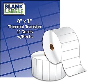 4" x 1" Thermal Transfer Shipping Labels | Matte White | 1" Core Ribbon Required | Adhesive Paper Roll | Zebra Printer Compatible | 8,250 Total Labels | 6 Rolls, 1,375 Each | Blank Labels