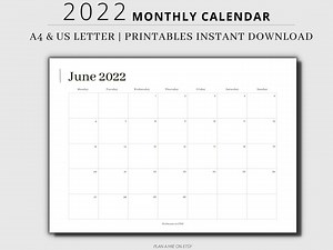 2022 Monthly Calendar,vertical Landscape,a4/letter Size,minimalist,printable,plan,template,12 Months ,year,wall Calendar - Etsy UK