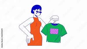 Japanese woman with repaired clothes line cartoon animation. Sustainable fashion 4K video motion graphic. Asian lady holding fixed shirt 2D linear animated character isolated on white background