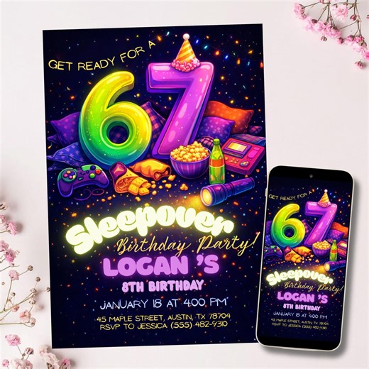 6 7 Boys Sleepover Birthday Invitation, Neon Gaming Party Invite, 6th 7th Birthday, Slumber Party Template, Editable Canva, Instant Download - Etsy