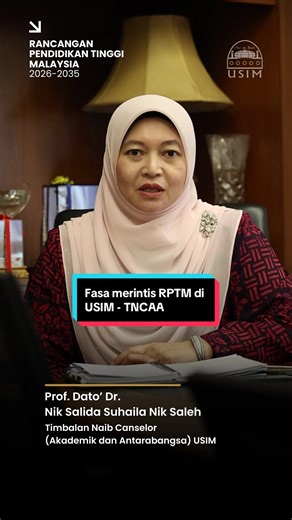 Rancangan Pendidikan Tinggi Malaysia 2026-2035 kini berada di fasa merintis dan USIM tidak terkecuali dalam mereformasi struktur dalam pendidikan tinggi ini. Dengarkan ulasan daripada Prof. Dato' Dr. Nik Salida Suhaila Nik Saleh, Timbalan Naib Cansleor (Akademik dan Antarabangsa) USIM #RPTM #USIM @Kementerian Pendidikan Tinggi