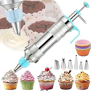 Novano Dessert Decorating Syringe Set, Stainless Steel Frosting Piping Kit with 6 Piping Tips, 9 Silicone Cupcakes, and 2 Piping Tip Couplers