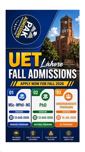 UET Lahore Fall Admissions 2026 | BS, MS, MPhil & PhD Admissions | Last Date & Complete Guide