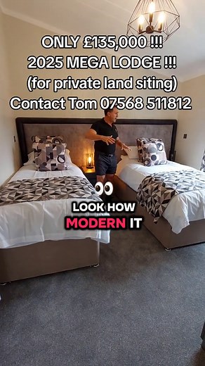 For more info please contact Tom 07568 511812 £135,000 2025 MEGA LODGE! For private land siting 45 feet x 22 feet! 2 bedrooms IMMACULATE! Nationwide delivery and siting service available