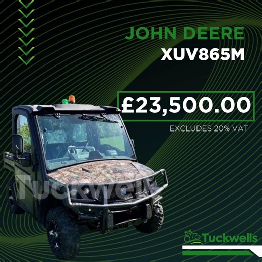 💥 Ready for work, built for comfort – this 2023 John Deere XUV865M utility vehicle is packed with premium extras and still under warranty until 06/12/25! ✅ Camo finish & 27″ Maxxis BigHorn tyres ✅ Heated full cab with 3-person bench ✅ Power tip cargo box, brush guard, tow bar & more 🕒 Only 374 hours 💰 £23,500 VAT (£28,200 inc. VAT) 📍 Available now at Tuckwells Ardleigh – Golf & Turf 👉 Check it out: https://www.tuckwells.com/used-machine/john-deere-xuv865m-61083221/ #JohnDeere #XUV865M #Util