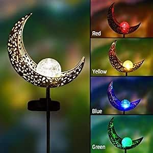 Solar Pathway 5 Colors Lights Outdoor - Moon Crackle Glass Globe Garden Stake Metal Lights, Led Solar Landscape Lights, Waterproof Auto On/Off Sun Powered Lighting Garden Decor, Patio
