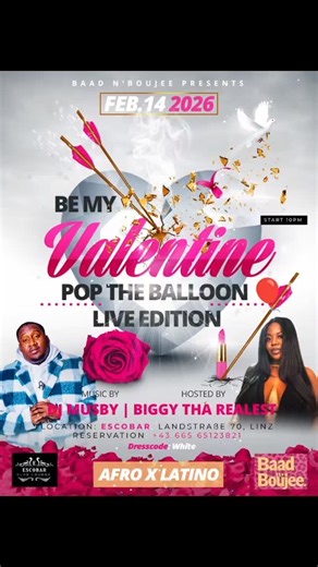 Escobar Linz on Instagram: "💔❤️ VALENTINE’S PARTY IM ESCOBAR ❤️💔 📅 14.02.26 | 📍 Escobar, Landstraße 70, 4020 Linz Love is in the air… und Beats in der Nacht. Egal ob verliebt, single oder complicated – diese Nacht gehört EUCH. ✨ Präsentiert von @biggytharealest @baad.nboujee.events 🎧 Music by @djmusby 🔥 Specials die ganze Nacht lang 💃🏽 Pure Energy. Hot Sounds. Unvergessliche Vibes. Von R&B, Hip Hop bis Afro & Club Sounds – DJ Musby 