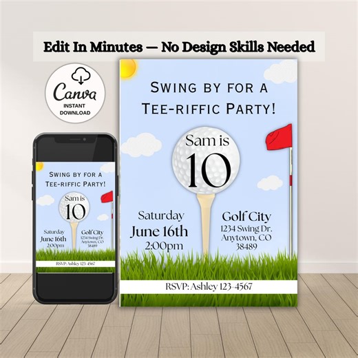 Golf Birthday Invitation, Tee-riffic Party Invite, Golf Theme Kids Birthday, Editable Canva Invite, Boys Birthday Party Invite - Etsy