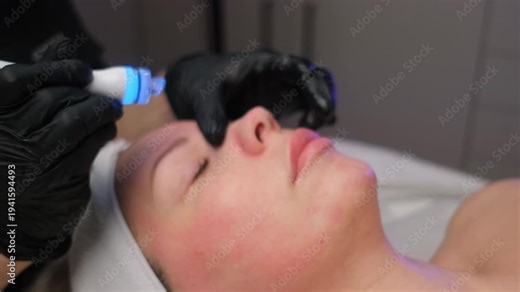 Cosmetologist performing a rejuvenating facial procedure with an led light therapy device