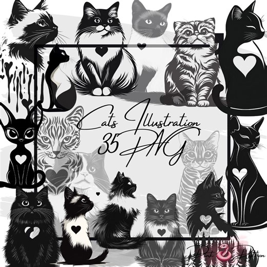 Black and White Cats Line Art Clipart: Digital Download (35 PNG Files) - Etsy