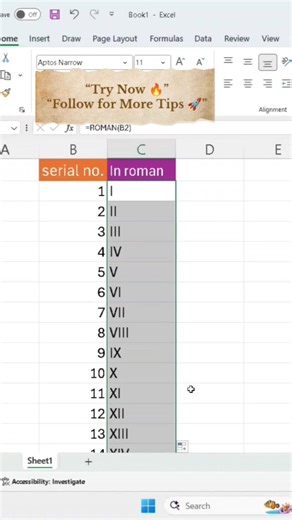 Excel Secret Trick 🤯 Convert Numbers into Roman Numerals in 1 Click#shortvideo #sachinpctrick
