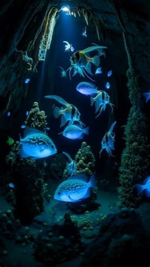 glowing alien fish in a bioluminescent cave.”