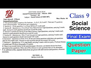 💯Class 9 Social Science Final Exam Question Paper 2024 | Dav Class 9 Sst Annual Exam 2023-2024 |