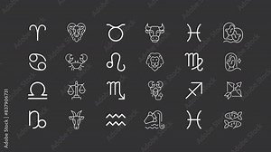 Animated zodiac white icons. Symbols and signs line animation library. Astrological mystic prediction. Isolated illustrations on dark background. Transition alpha. HD video. Icon pack