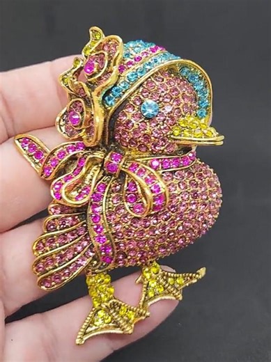 Easter Bonnet Duck Brooch Colorful Rhinestones Gold Tone Metal Holiday Duckling - Etsy