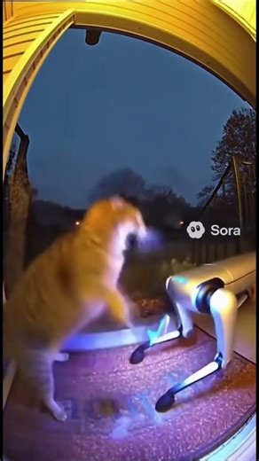 「猫VS四足歩行ロボ！守るべき場所は譲らない🐾」#猫の勇姿#猫vsロボット#四足歩行ロボ#AI映像#Sora映像#猫最強説#番猫#未来の猫#オープンAI#猫動画#猫バトル#感動映像#守る猫