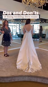 Every bridesmaid, wedding planner, photographer assistant, and day of coordinator should be taking notes 😘 Fixing your train on your wedding day can be a full time job! That job gets exponentially harder without the right technique. To easily fix or fluff a train, position yourself behind the bride. Find the center seam of the train and grab hold of the fabric on either side of that seam. From there, lift the train to allow the air to help make your job a little easier, and gently drop the fabr