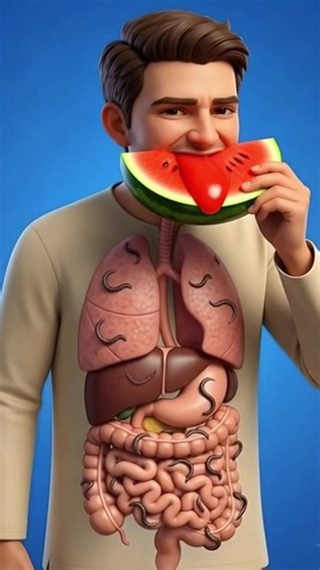 Watermelon in—see the inside react fast (X-ray cutaway). #HealthTok #MedicalAnimation #ScienceTok #Anatomy #UKTikTok