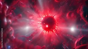 dramatic visualization of a virus cell, glowing ominously under a microscope, depicting power threat of microscopic pathogens. Reproduction of viruses and bacteria. The body's protective immune system