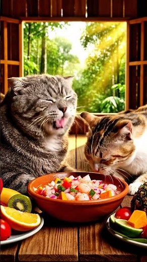 A Master Chubby Cat and An American Curl is Eating a breakfast platter (ASMR)