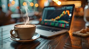 Coffee Break Success: A steaming cup of coffee sits beside a laptop displaying a rising stock market graph, symbolizing the fuel needed for business growth and achievement.