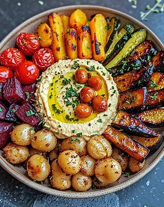 🌿 Rainbow Roasted Veggie Bowl with Creamy Hummus Swirl A vibrant platter of roasted vegetables and silky hummus—perfectly seasoned, beautifully balanced, and packed with color. Ingredients 📝 For the roasted vegetables 200 g baby potatoes 🥔 2 medium carrots (yellow/orange), sliced 🥕 1 small eggplant, sliced 🍆 Recipe 👇🏻 #veggiebowl #roastedvegetables #hummuslove #healthyrecipes #colorfulcooking | Timeless Recipes