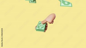 looping 3d animation, static scene with cartoon hand counting banknotes, throws fake dollars money, spending money concept, animated cash icon isolated on yellow background