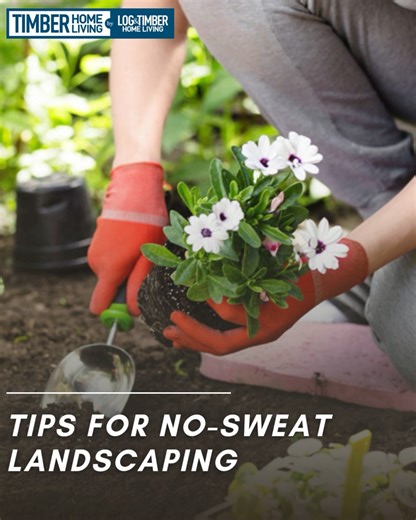 Try these ideas for a low-maintenance log home landscape with little effort. Plan your landscaping here: https://www.timberhomeliving.com/articles/no-sweat-landscaping/ | Timber Home Living