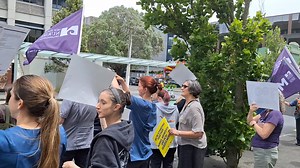 Auckland Hospital strike picket BTS. Thousands of nurses, midwives and HCAs at Auckland City Hospital, Starship Hospital and Greenlane Hospital are striking today for fair pay and safe staffing as part of two weeks of rolling strike action. #nzno #marangamai #tewhatuorastrike #nursestrike | New Zealand Nurses Organisation - NZNO