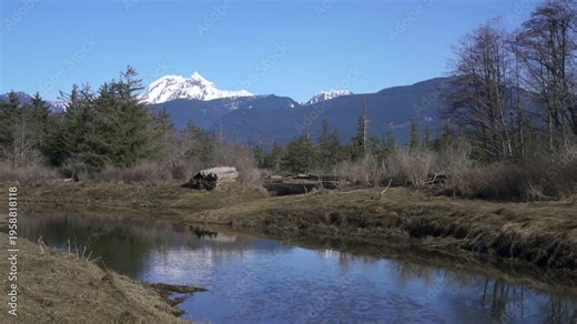 Mt. Garibaldi from the Squamish Estuary 4K UHD. The reflection of Mt. Garibaldi looking over the Squamish Estuary near the mouth of the Squamish River. 4K, UHD.