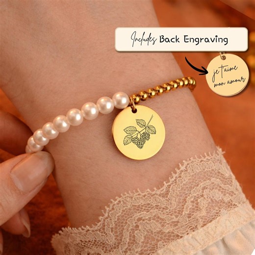Personalized Raspberry Pearl & Gold Coin Bracelet for Women • Custom Engraved Jewelry • Gifts for Her • - Etsy