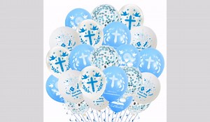 Baptism Decorations God Bless Balloons - 60pcs First Holy Communion Party Decoration Latex Balloon, Blue Christening Decor for Boys and Girls Confirmation Party Supplies