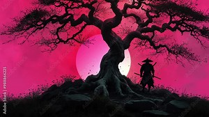 Samurai Standing Under The Cherry Blossom Tree. A Samurai Standing Chinese Tree Motion Animation Background. Chinese Samurai Background. And Animation Background. Sun And Tress Chinese Motion 2d Anima