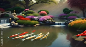 animation, motion effect A pond in the garden with beautiful koi swimming around. 60fps 8sec.
