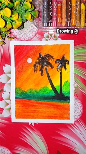 🌅 Easy Sunset Scenery Drawing | Oil Pastel Art #shorts