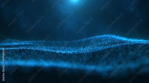 Abstract blue technology background with a flowing digital light wave of glowing blue data particles. Modern tech motion background animation with shallow depth of field and bokeh effect.