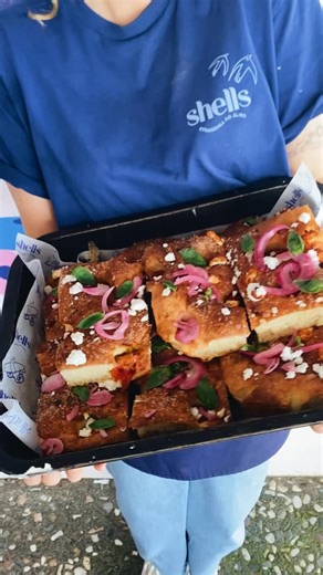 Focaccia of the day: goats cheese and tomato How could you say no?! #shellscafe #bakery #cafebythesea | Shells Sea Side Bakery Cafe