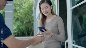 Happy smile Asian woman scan QR code for pay of food. Delivery man send deliver express. online shop, paper container, takeaway, postman, delivery service, packages, electronic money, Digital transfer