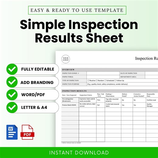Simple Inspection Results Sheet Template – Word & PDF, A4 + US Letter - Etsy New Zealand