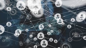 Animation of connected icons, numbers, key on midsection of businessman using futuristic technology. Digital composite, multiple exposure, protection, communication, security and technology concept.