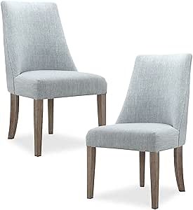 Martha Stewart Winfield Upholstered High Back Accent Dining Chairs Set of 2, Padded Seat, Solid Wood Legs, Chambray Jacquard Textured Fabric, Cottage, Farmhouse for Kitchen, Room, Light Blue